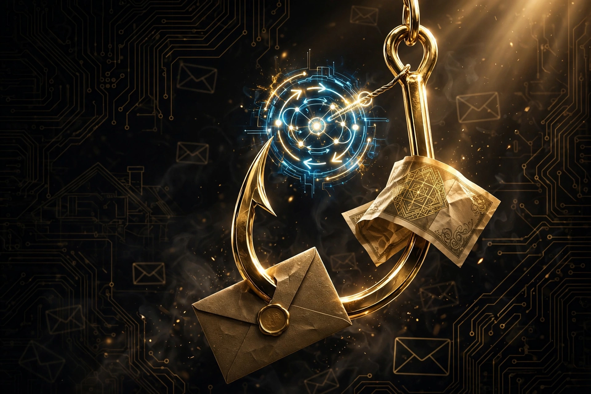 Golden phishing hook catching a wire transfer, illustrating real estate wire fraud